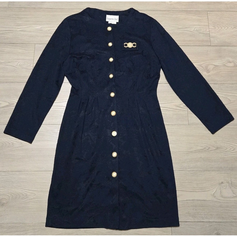Vtg Paquette Too! Dress Byer California Womens 12 Navy Blue Gold Pearl Buttons‎
